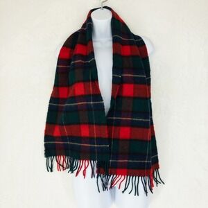 Johnstons of Elgin 100% Lambswool Scarf Red Plaid Fringe Scotland Cozy Log Cabin